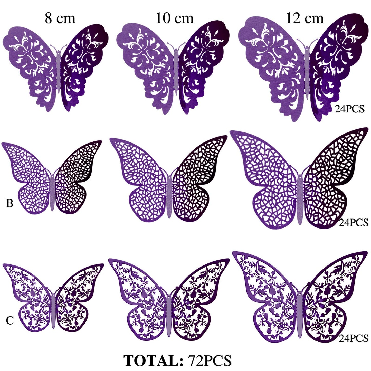 Bememo 72 Pieces 3D Butterfly Wall Decals Sticker Decal Wall Decor Art Decorative Sticker 3 Sizes for Room Offices Bedroom Bathroom Living Room Decor(Purple)