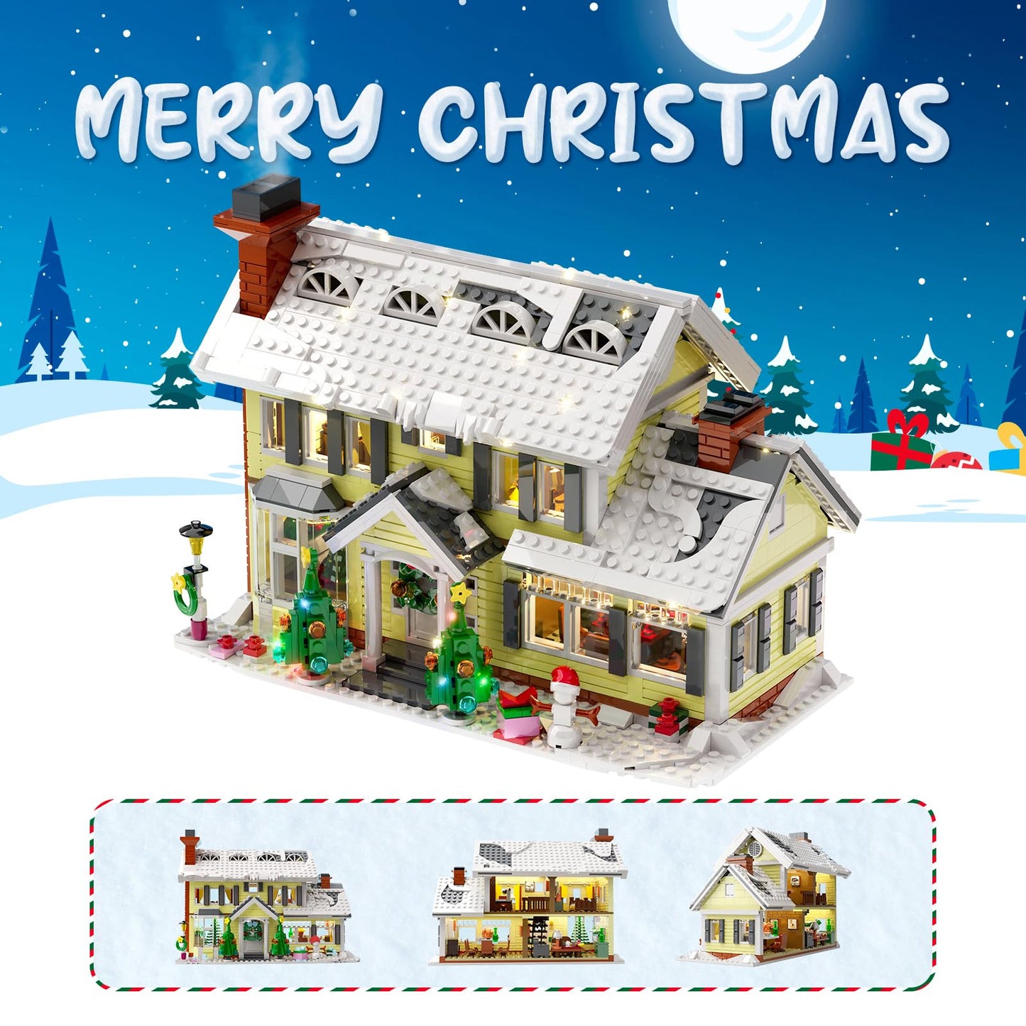 Christmas Holiday House Building Set, LED DIY Christmas Holiday Snow Village, Christmas House Compatible with Lego Gifts for Boys, Girls, Family, and Friends (1156pcs)
