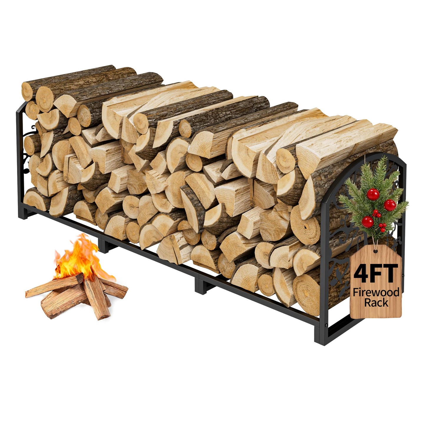 ZONVEOKE 4ft Firewood Rack Outdoor Indoor, Heavy Duty Log Storage Holder with Artistic Tree Silhouette Sides, Steel Wood Pile Stand for Backyard, Patio & Porch, Holds 1/4 Cord Firewood