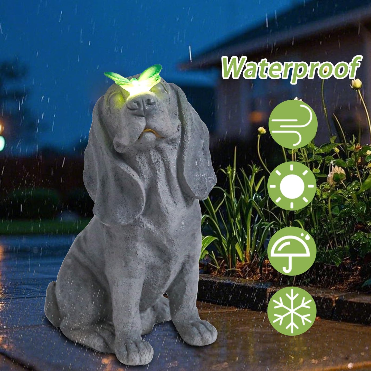 Ovewios Garden Statue Dog Figurines - Outdoor Dog Statue with Solar Butterfly Lights for Patio Yard Art Decor Balcony Lawn Ornament, Ideal Housewarming Gardening Gifts for Mom