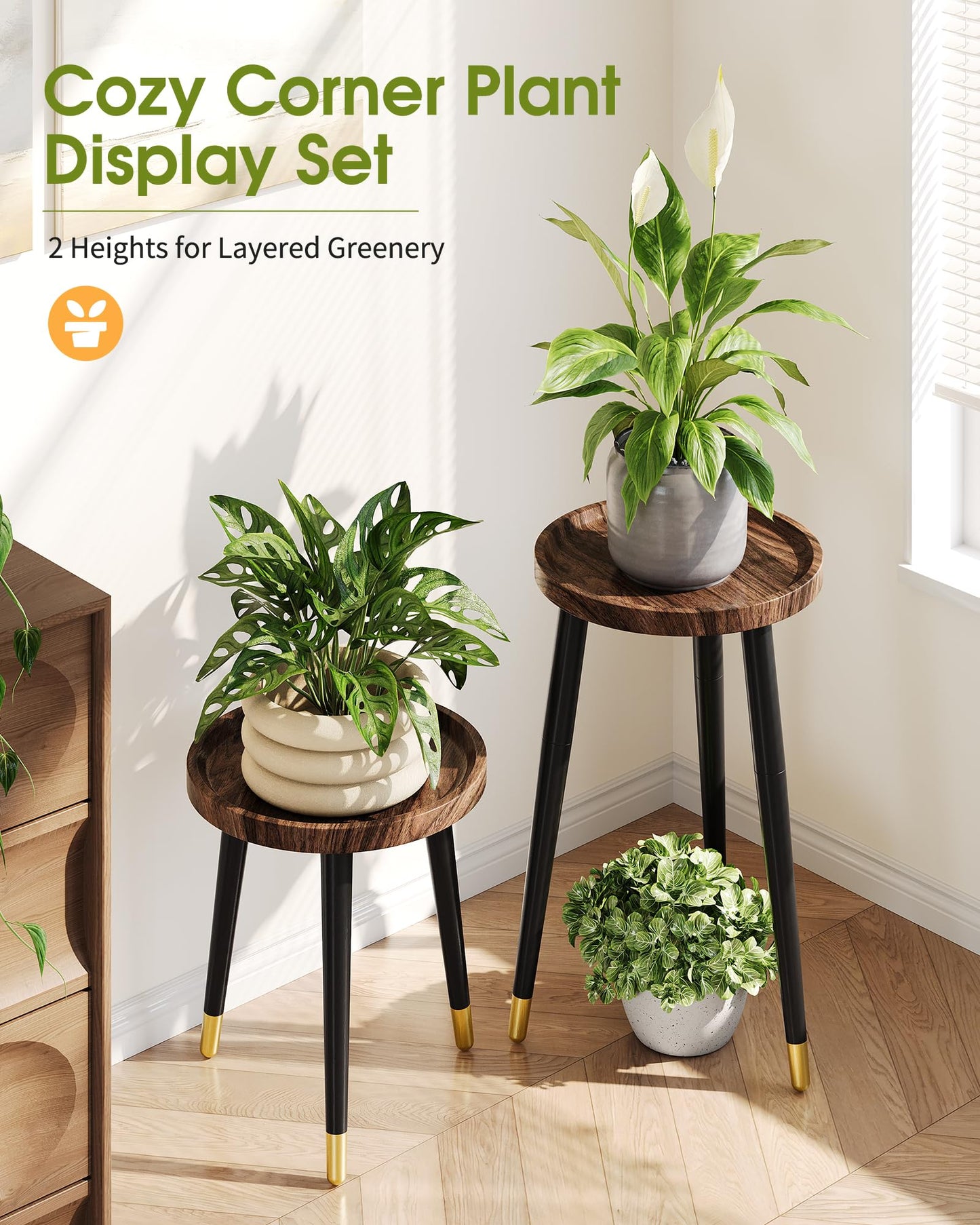 AZADESJET Plant Stand Indoor 2 Pack, Wood Mid Century Indoor Plant Stand, Tall Plant Stands for Flower Pot, Modern Plant Table, Small Side End Table With Raised Design, Walnut, 11.7"x18.8" & 11.7"x13"