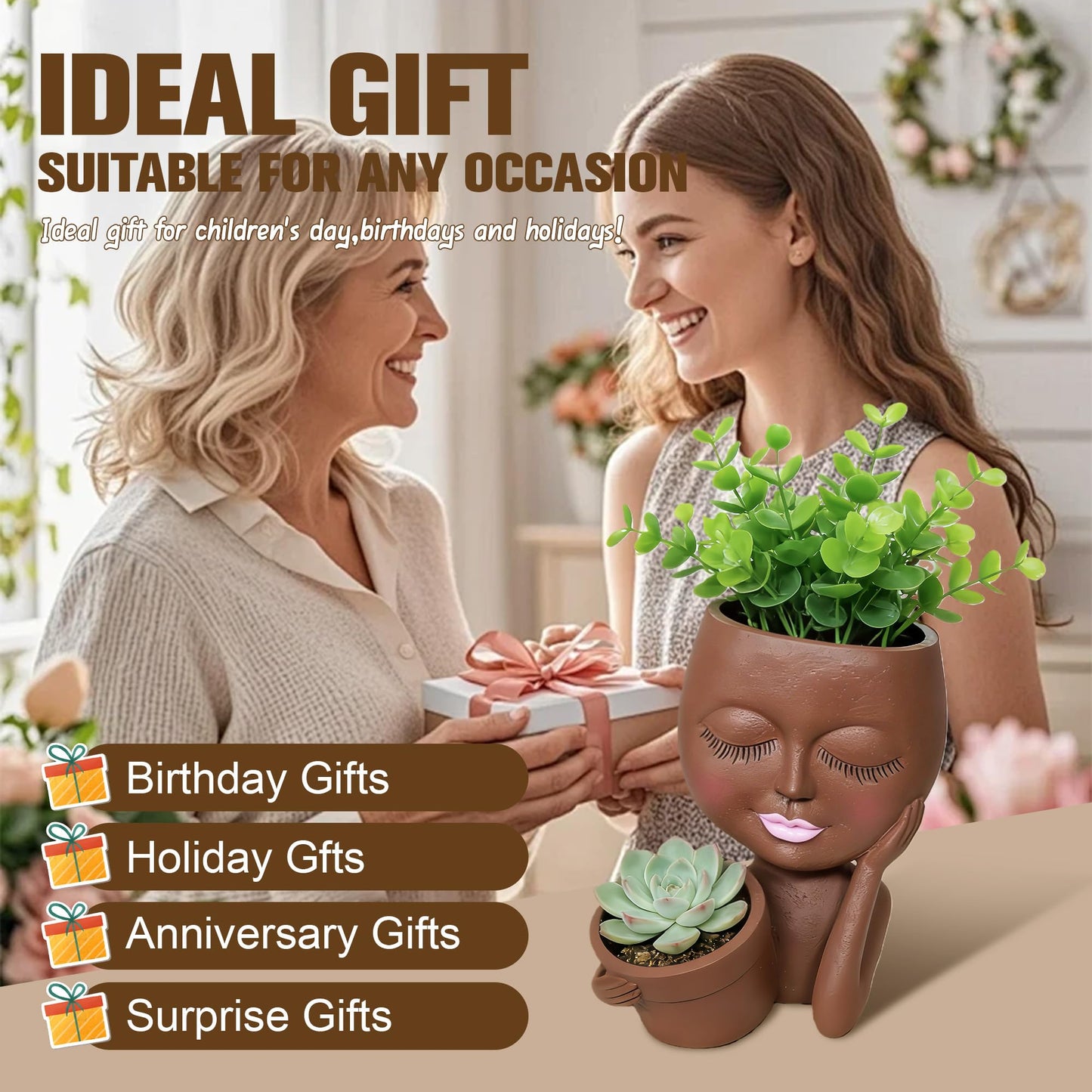 ASDFG Face Double Plant Pot - Cute Succulent Head Planters Indoor Outdoor Decor, Resin Flower Pots with Drainage Hole, Unique Ideal Present, Gifts for Women/Mother
