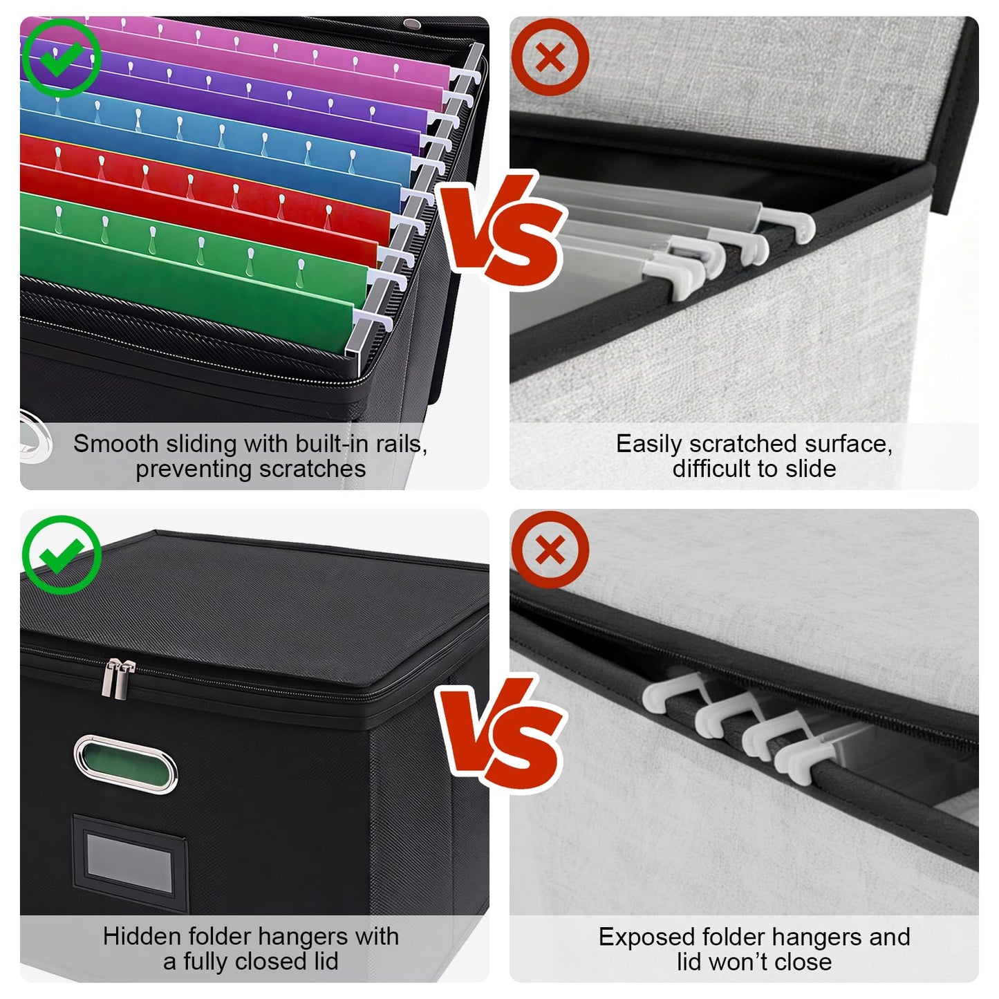 4 Pack File Organizer Boxes with Lids, Collapsible Document Storage Bin with Mesh Pockets & Zipper, Fits Letter/Legal Size Folders for Home Office Moving Classroom Organization (Black, No Folders)