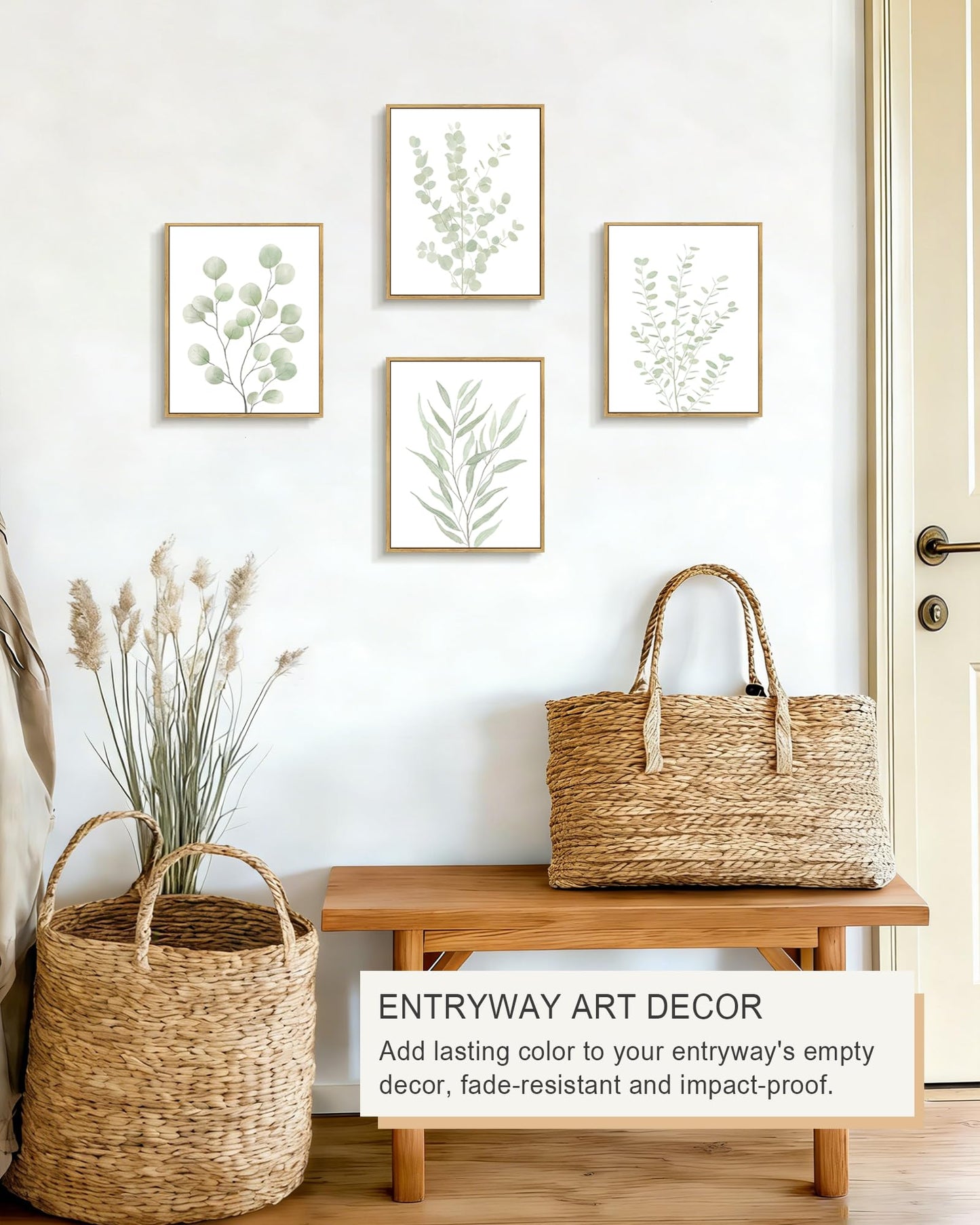 Drsoum Botanical Plant Framed Wall Art Boho Wall Decor for Bathroom Sage Green Eucalyptus Leaf Prints Minimalist Aesthetic Ready to Hang Set of 4, 8x10 in (Natural Framed)