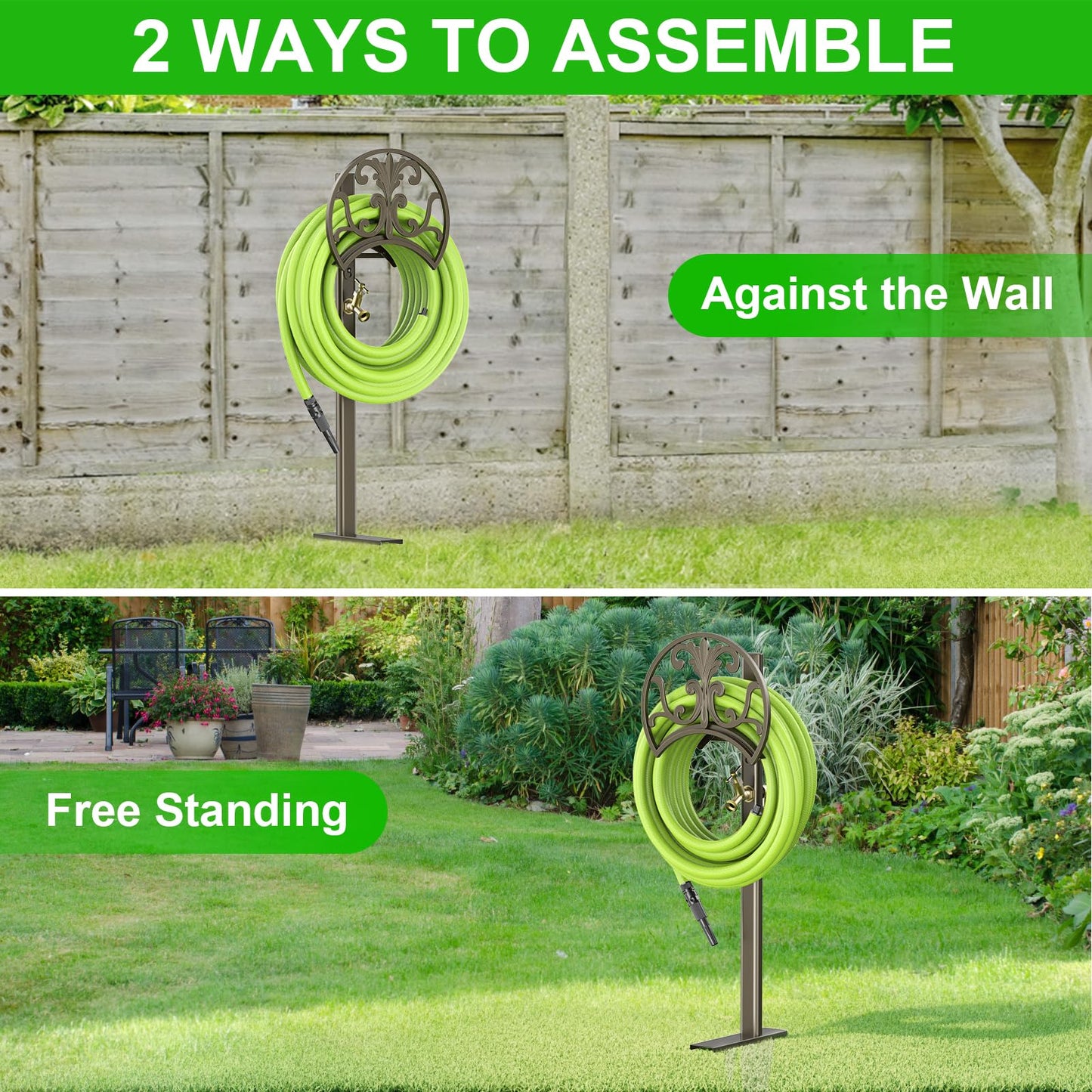 GOFORWILD Garden Hose Stand with Brass Faucet, Detachable Heavy Duty Water Hose Holder, Freestanding Metal Hose Reel Decorative Storage Hanger Holds 150-Feet Hose for Outside Patio Lawn Yard