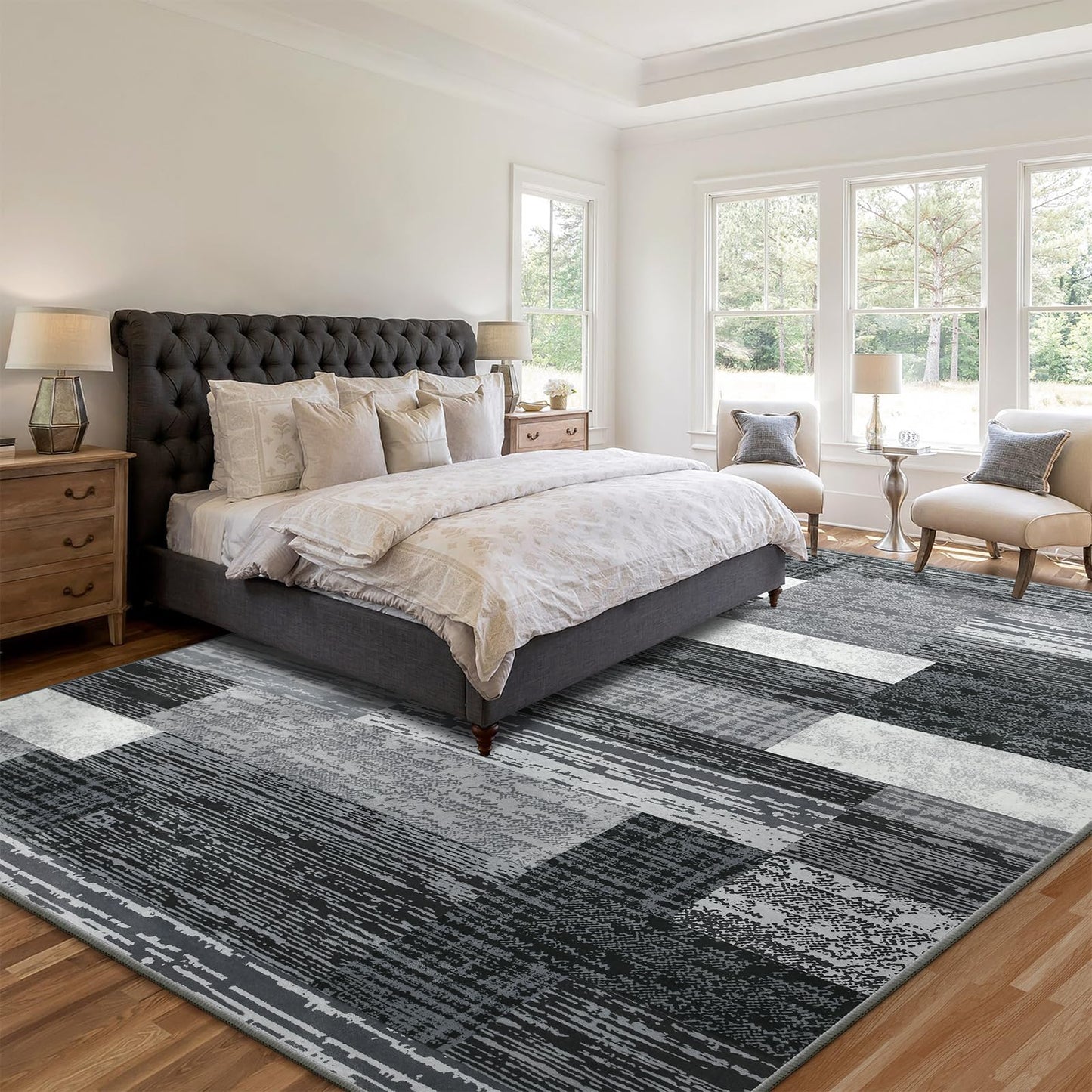 Large Area Rugs,Modern Geometric Patchwork Floor Decor for Bedroom Aesthetic Carpet, Rockwood Collection, Indoor Rugs for Living Room, Dining Room, Nursery, Office, Machine Washable Rug,6x9 Ft Grey