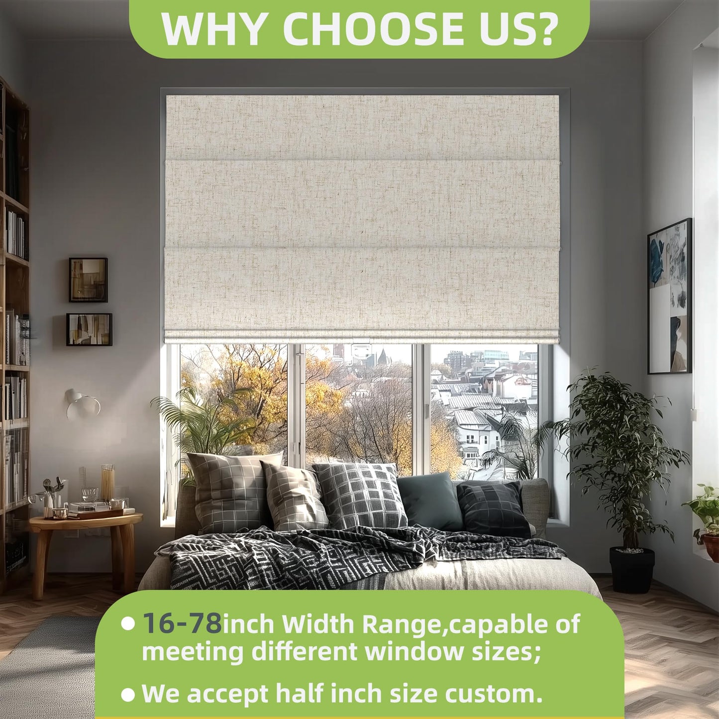 BERISSA No Drill Roman Shades for Windows Blackout, Cordless Linen Fabric Roman Blinds for Windows,Pull Down Room Darkening Window Shades for Home Office,Linen Beige,Custom Size