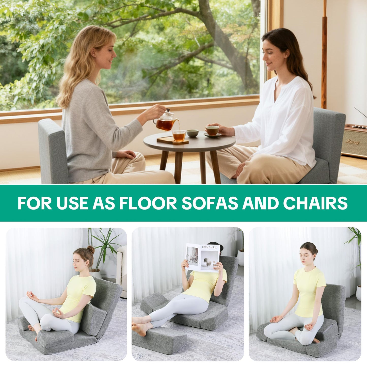 HOMBYS Pro Meditation Cushion Set with Adjustable Back Support, Large 3-in-1 Floor Sitting Chair for Yoga & Meditation, Extra Thick Yoga Pillows for Adults with Knee Support, Grey