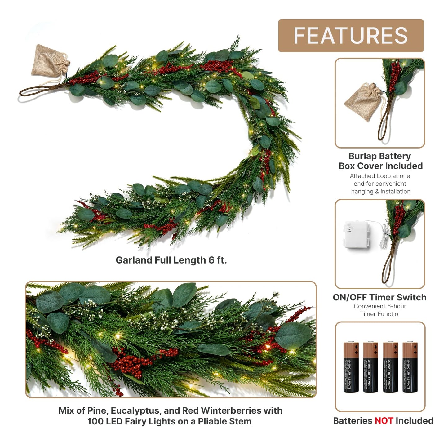 Lamplust Lighted Garland with Lights Battery Operated, 6 Ft Red Berry & Eucalyptus, 100 LED with Timer, Greenery Garland for Indoor Home Decor, Spring Decor, Table Centerpiece, Stairway Decorations
