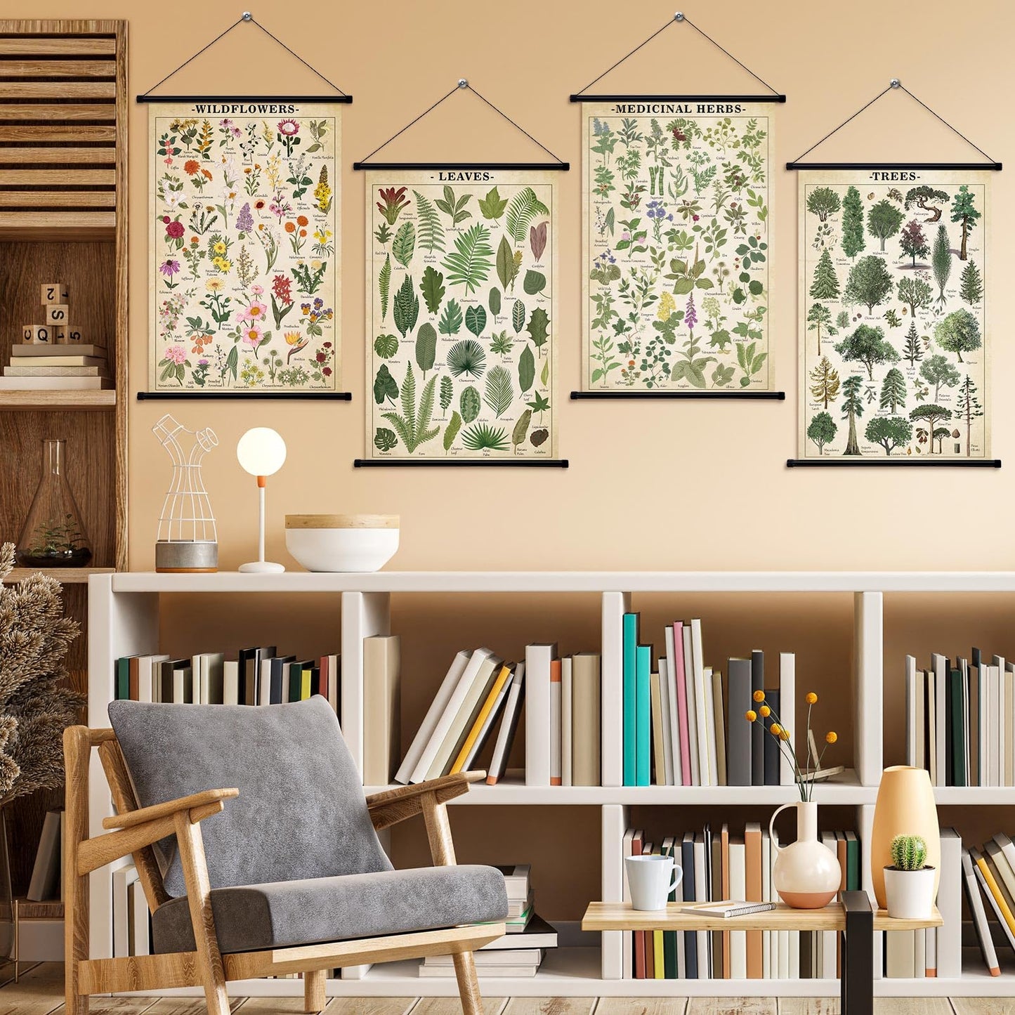 Lewtemi 4 Pcs Vintage Poster Nature Botanical Wall Art Wildflowers Leaves Medicinal Herbs Trees Wall Hanging Poster Prints Plants Chart Poster for Classroom, 15.35 x 23.62 Inch(Retro, Green Plants)