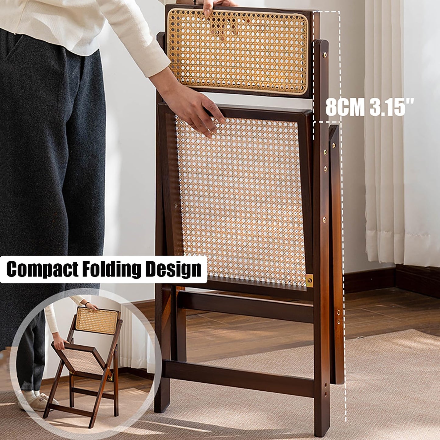 KISKIS Wooden Rattan Folding Chairs Portable Save Space Kitchen Dining Chair for Balcony Living Room, with Mesh Elastic Seat and Curved Back, 400LBS,1 Pack