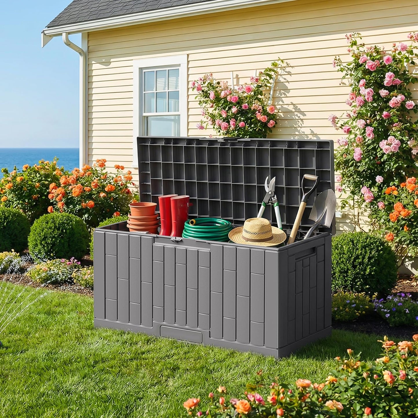 Jocoevol Deck Box 60 Gal, UV Resistant & Waterproof Outdoor Storage Box with Lock, Easy Assemble Storage Bins Container for Pool Patio Garden