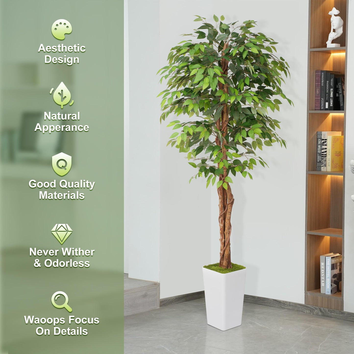 Waoops Artificial 7Ft Ficus Silk Tree with Tall Planter - Faux Plants Indoor with Natural Wood Trunk - Large Tall Fake Plants for Home Office Living Room Patio Decor