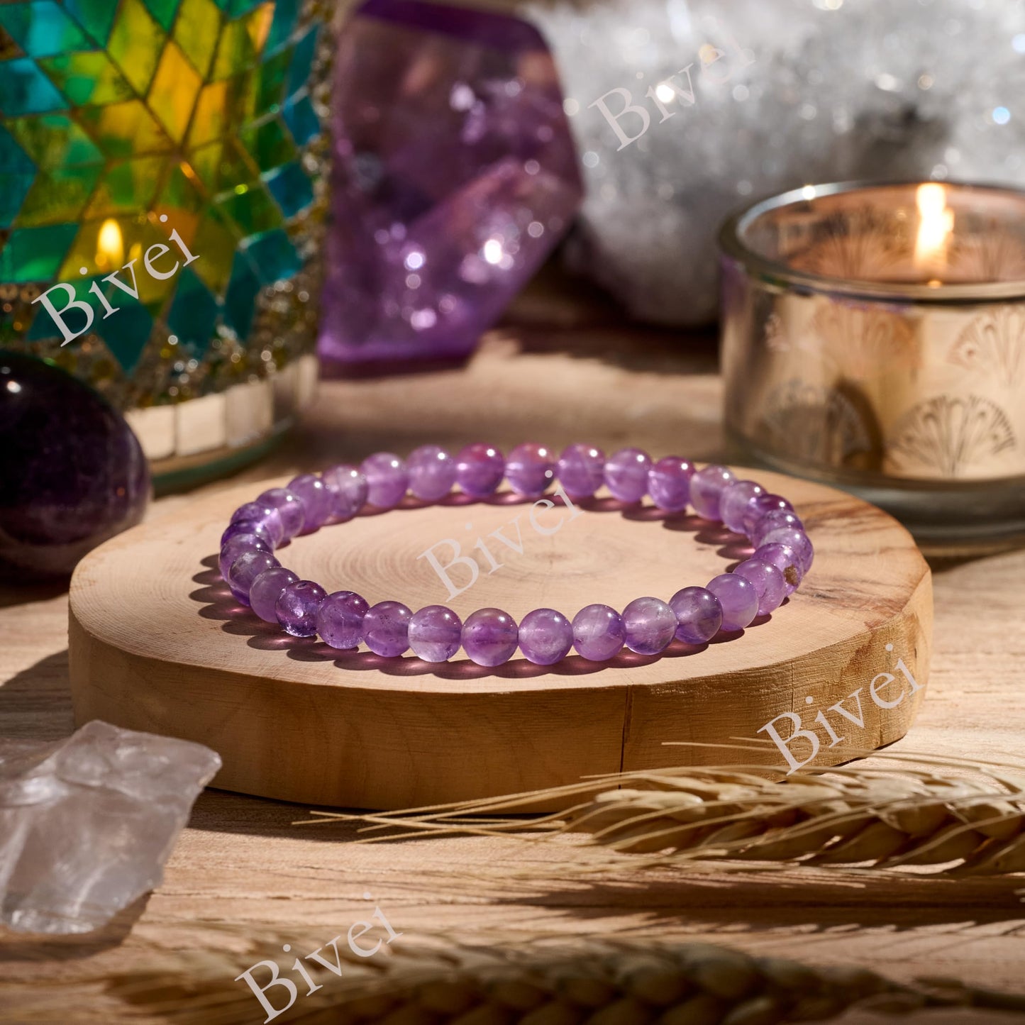 Bivei Amethyst - Tranquility - 6mm Beaded Bracelets for Women Handmade Semi Precious Natural Stone Stretch Elastic Jewelry for Women Yoga Protection Gifts