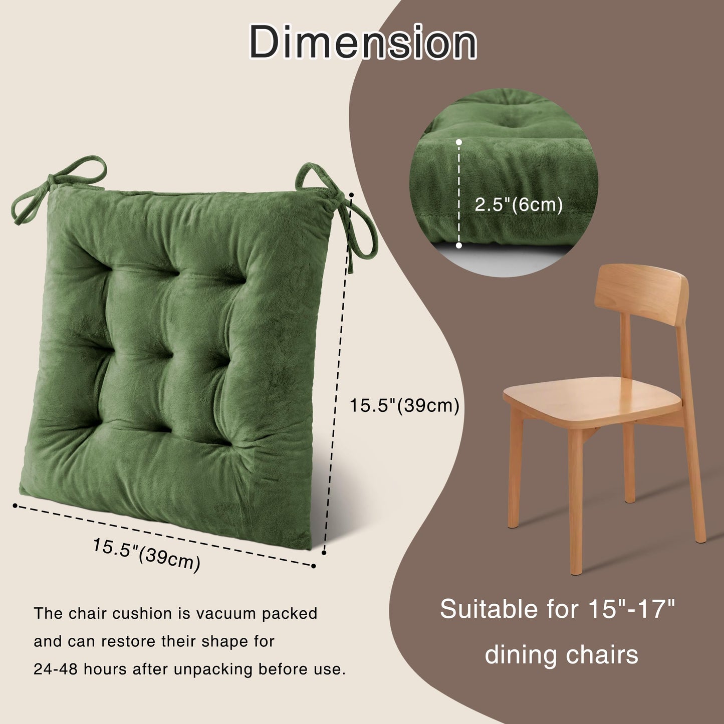 OVOV 4 Pack Chair Cushions for Dining Chairs Soft Seat Cushions for Kitchen Desk Chairs Square Chair Pads with Ties (15.5"x15.5" Green)