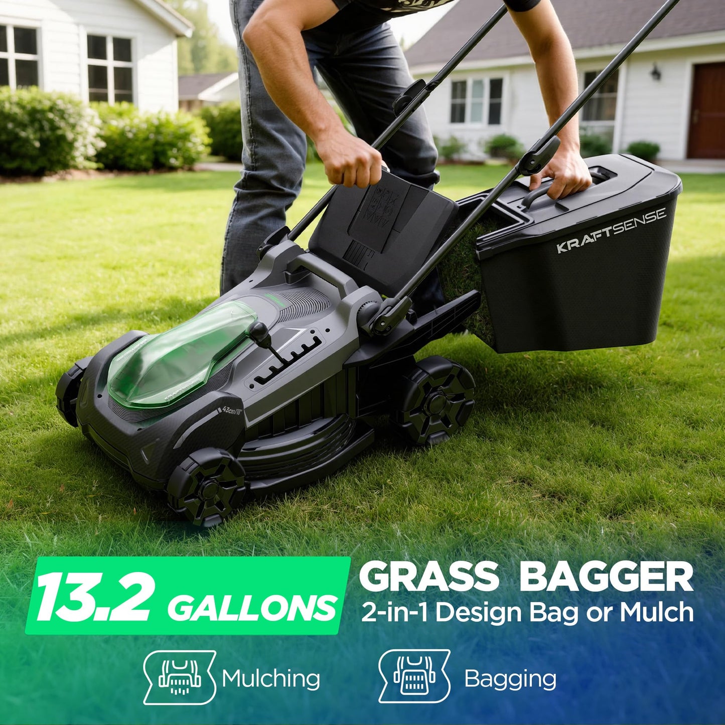 18" Electric Lawn Mower, 40V Cordless Lawn Mower with 2x5.0Ah Batteries, Brushless Motor, 2-in-1 Mulching & Bagging, 6-Position Height Adjustment, for Small to Medium Yards