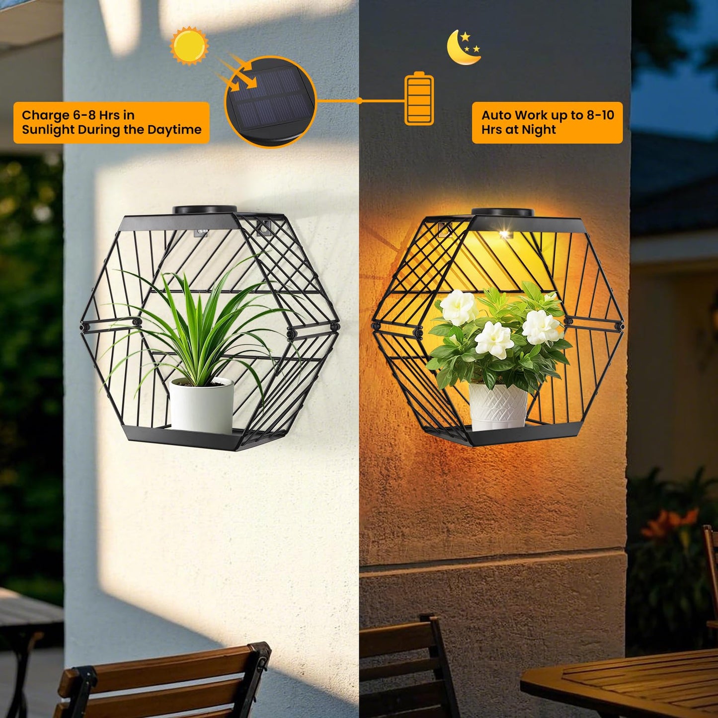 GOESWELL Wall Plant Holder with Solar Light: Outdoor Waterproof Wall Lamp Metal Plant Stand Decor for Garden Yard Porch Patio Balcony Fence