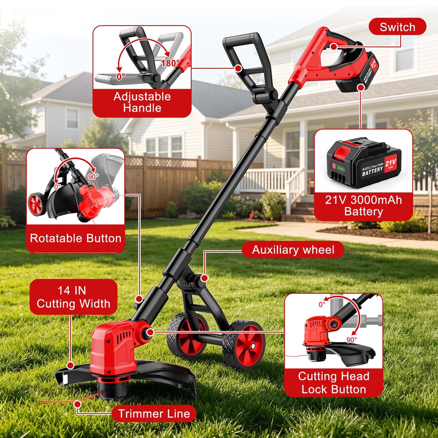 14" Weed Wacker 21V Cordless String Trimmer & Edger, Battery Powered Grass Trimmer with Auto Line Feed, 8 Replacement Spools & 2×3.0Ah Batteries Included