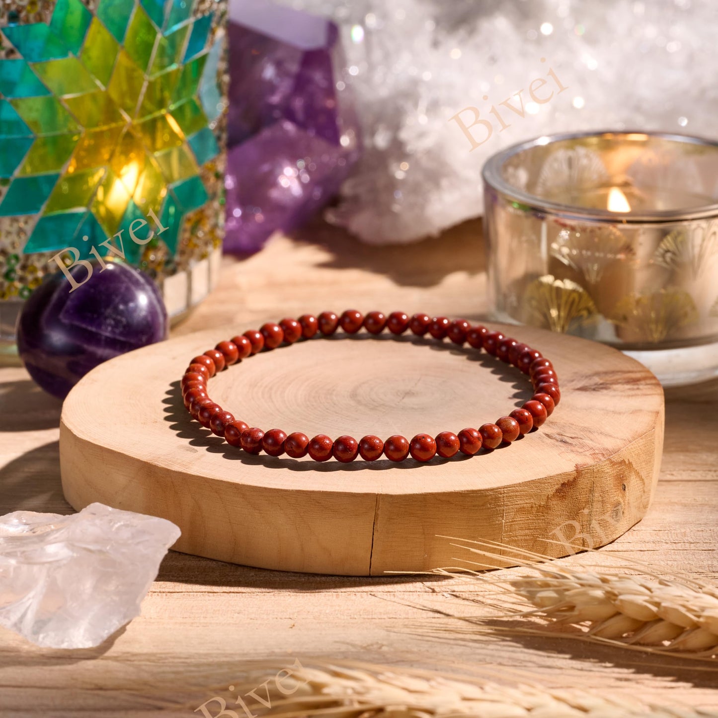 Bivei Red Jasper-Strong Base-4mm Beaded Bracelets for Women Handmade Semi Precious Natural Stone Stretch Elastic Jewelry Yoga Protection Gifts