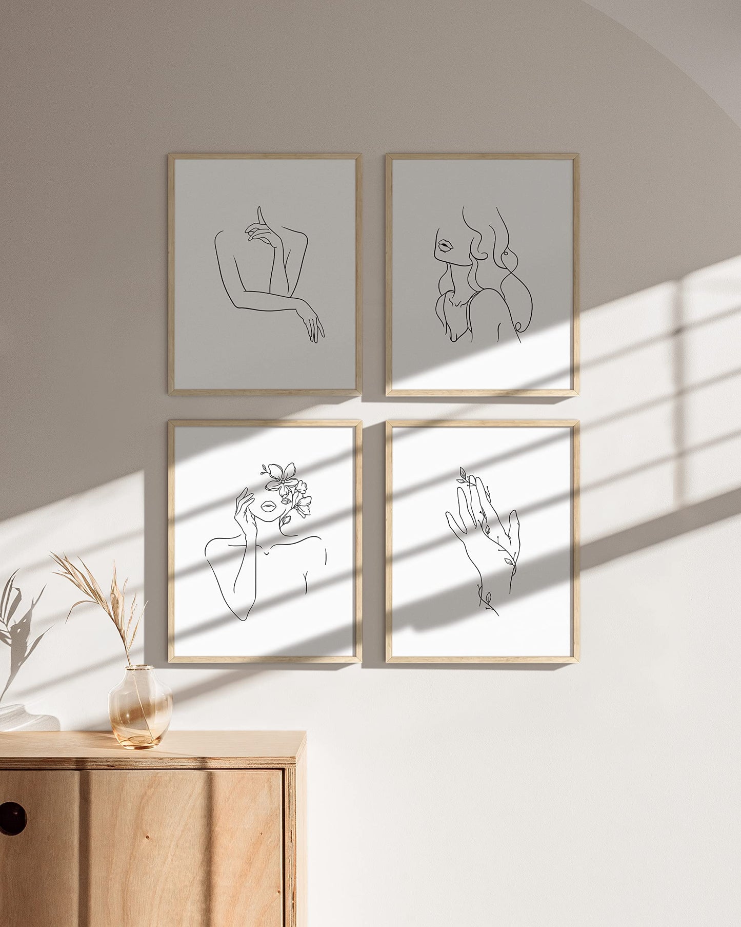 RipGrip Minimalist Wall Art - Set of 4 Woman Silhouette Line Drawings, Room Aesthetic Posters, Abstract Decor (Beige Frame, 8x10)