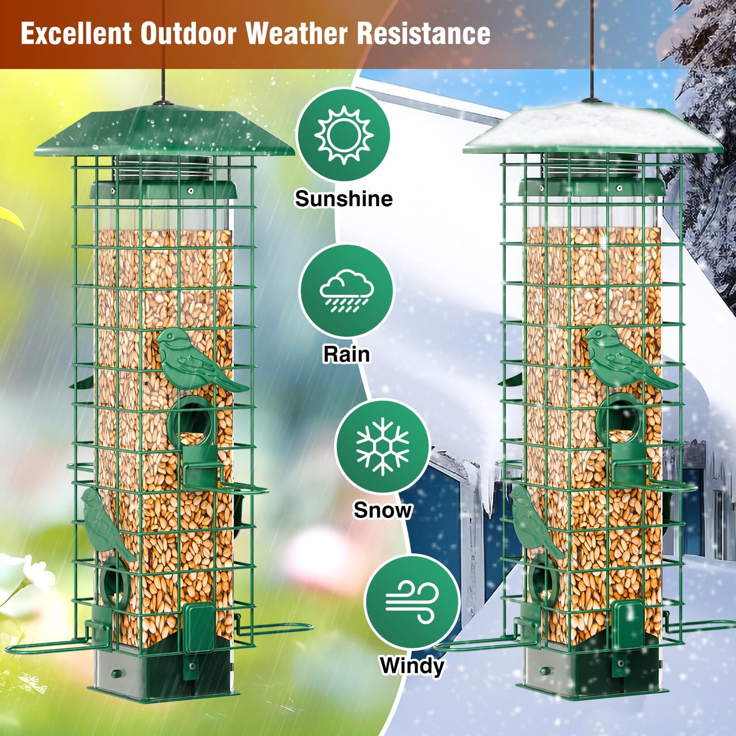 GAINSEN Squirrel Proof Bird Feeder, Metal Bird Feeders for Outdoors Hanging, Weight Activated, 3Lb Capacity, 4 Ports, All-Weather Tube Bird Feeder for Outside, Cardinal Finch Bluebird Wild Bird Feeder