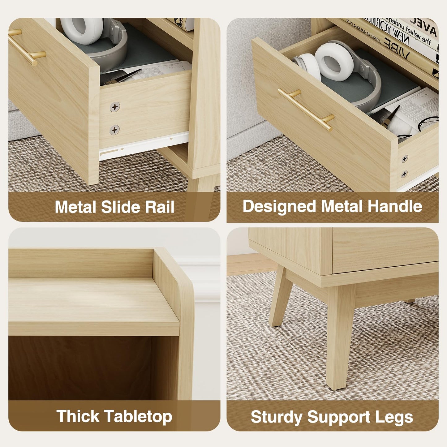 Favoduerme Night Stand with Drawer & Open Storage Shelf, Small Wooden Nightstand with Raised Edge, Mid Century Modern Side Table with Solid Wood Feet, Metal Handle for Bedroom Natural