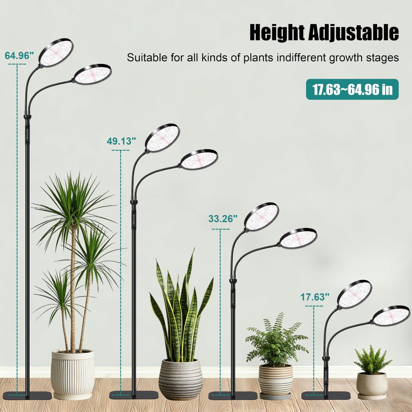 Dual Head Grow Light for Indoor Plants, Full Spectrum Floor Standing Plant Light, Remote Control & 4/8/12/18H Timer, 3 Modes 10 Dimmable Levels, Stable Base for Tall Plants Succulents Herbs, Black