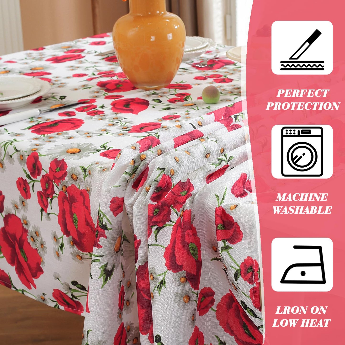 SASTYBALE Spring Summer Tablecloth 52 x 70 Inches Rectangle Red Floral Table Cloth, Washable Water Resistant & Wrinkle Free Polyester Texture Table Cover for Party,Picnics, and Dinner Decor