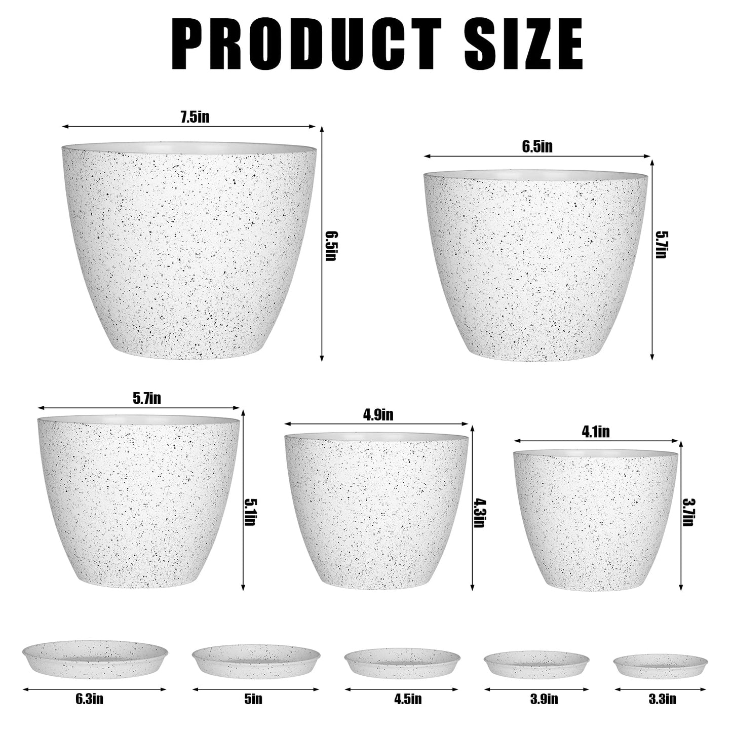 lokeisna 5 Pcs Plant pots, 7.5/6.5/5.7/4.9/4.1 inch Pots for Plants, Flower Pot Indoor Modern Decorative Plant Pot, Plant Pots Indoor with Drainage and Saucer for All House Plants, Spray Spots