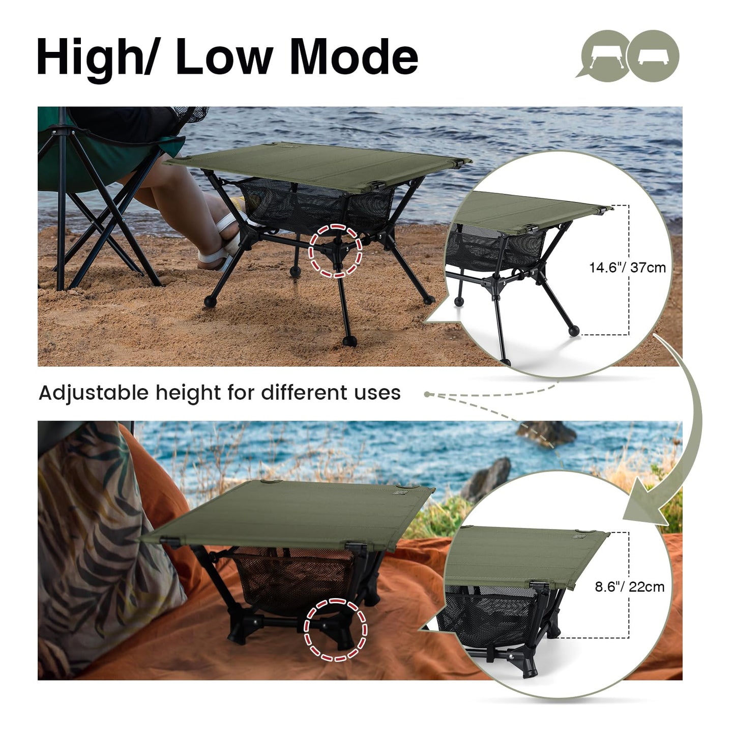 ONETIGRIS Dipper Camping Table, Lightweight Portable Folding Table with Mesh Storage Net, High/Low Options, Ideal for Camping, Hiking, Tailgating, Beach, Picnic, Travel, Backyard