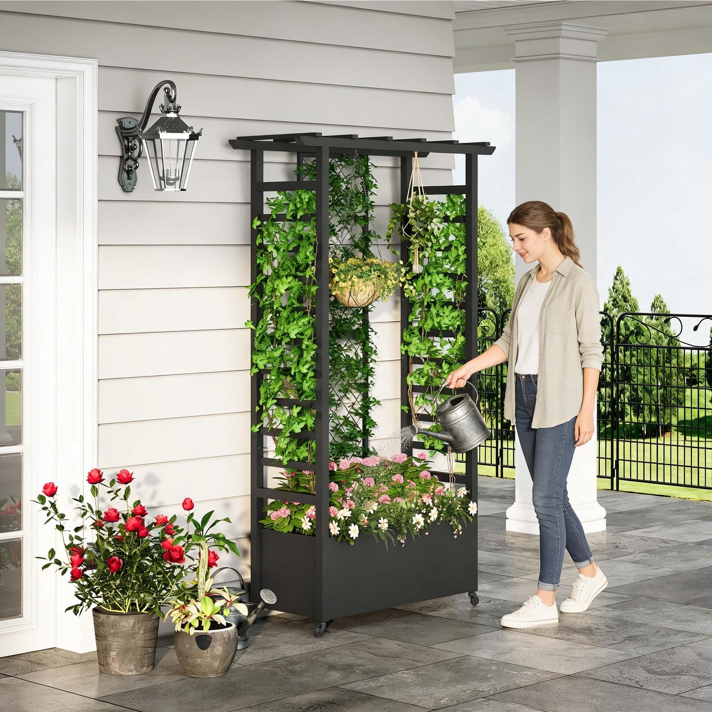 Sunnibety Raised Garden Bed with Trellis & Hanging Roof, Weatherproof Metal Planter Box with Wheels, Garden Arch Trellis for Outdoor Climbing Plants Vines Flowers, 74" H x 44" L x 17" W, Black