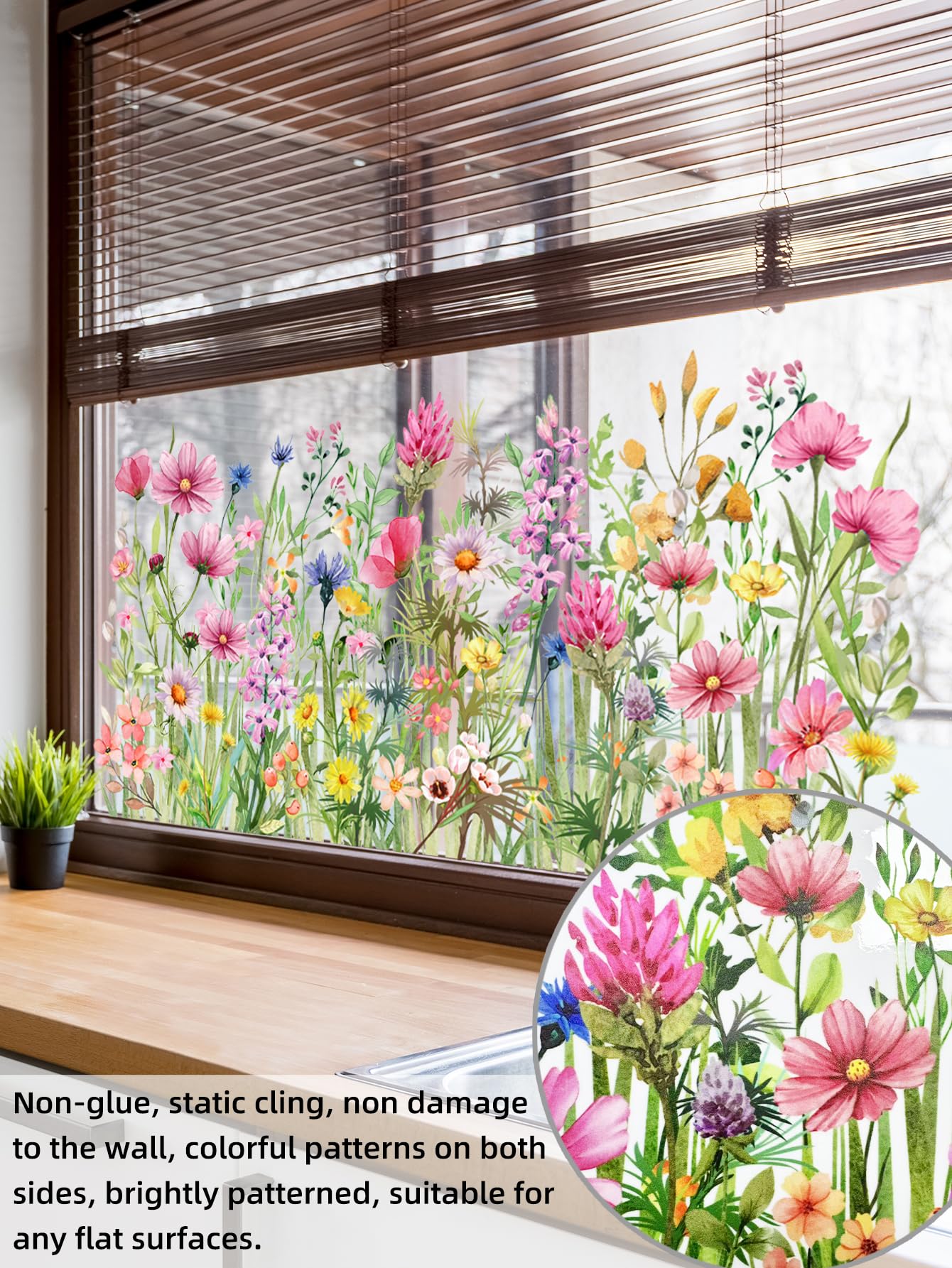 Colorful Wildflower Double-Sided Visual Window Stickers - Spring Summer Botanical Grass Decals PVC Static Cling Peel & Stick Removable Art Decals for Window Mirror Door,30 cm x 60 cm