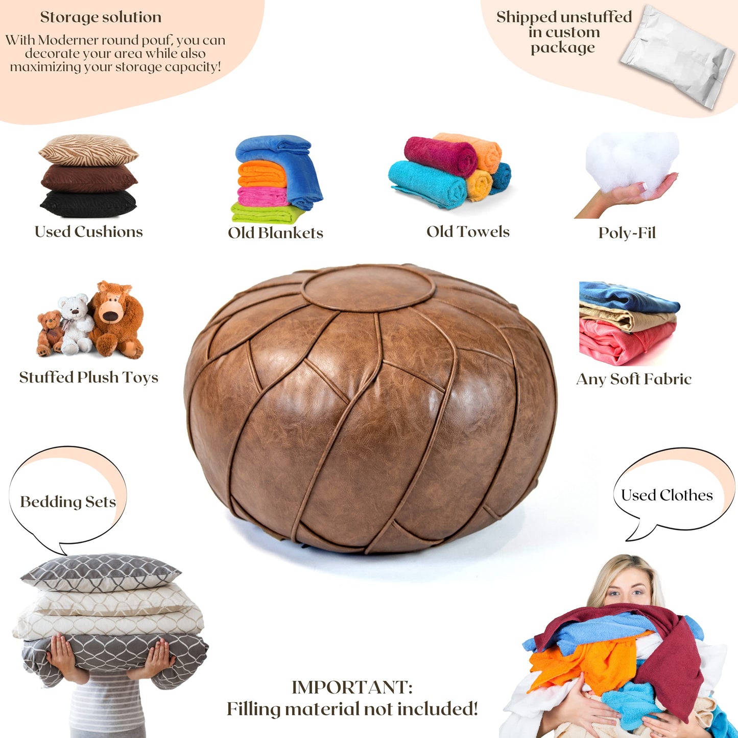 Moderner Faux Leather Pouf Unstuffed Ottoman Moroccan Footstool, Floor Footrest Cushion, Storage Solution - Natural Brown Color (Mocha, Round)