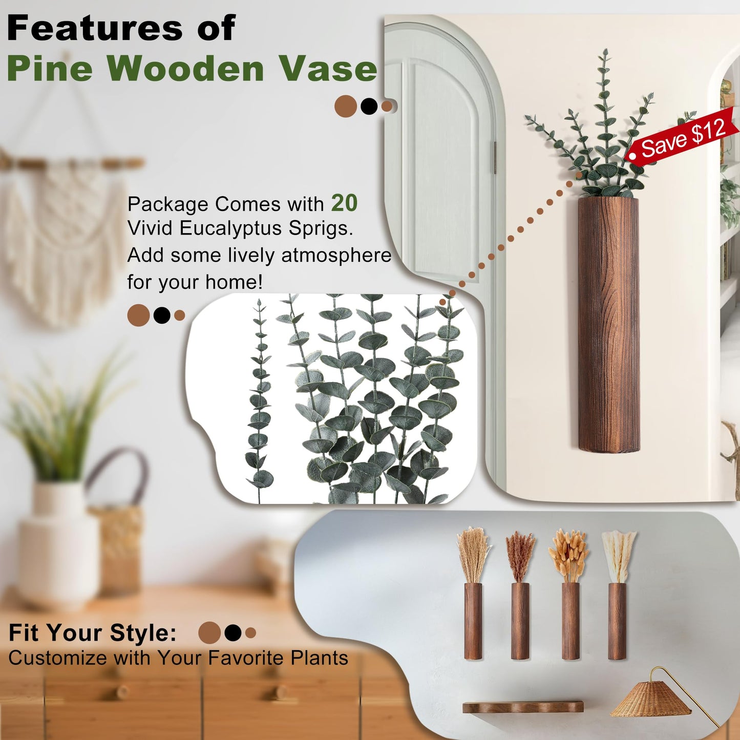 Fttoyoly Wood Wall Planter with 20 pcs Artificial Eucalyptus, Modern Decor for Living Room Bedroom Bathroom Entryway, Farmhouse Boho Wall Vases for Dried Flowers and Faux Plants - 4 Pack