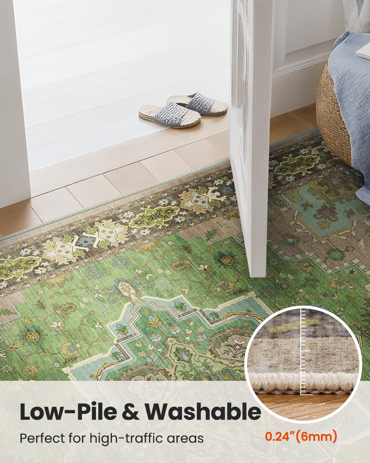 AMADA HOMEFURNISHING 9x12 Area Rug for Living Room, Vintage Washable Area Rug Low-Pile & Non-Slip Carpet for Bedroom Dining Room Nursery Home Office, Green