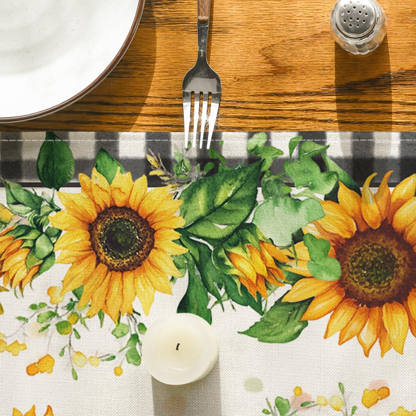 Artoid Mode Buffalo Plaid Sunflower Table Runner, Summer Fall Seasonal Kitchen Dining Table Decoration for Indoor Outdoor Home Party Decor 13 x 72 Inch