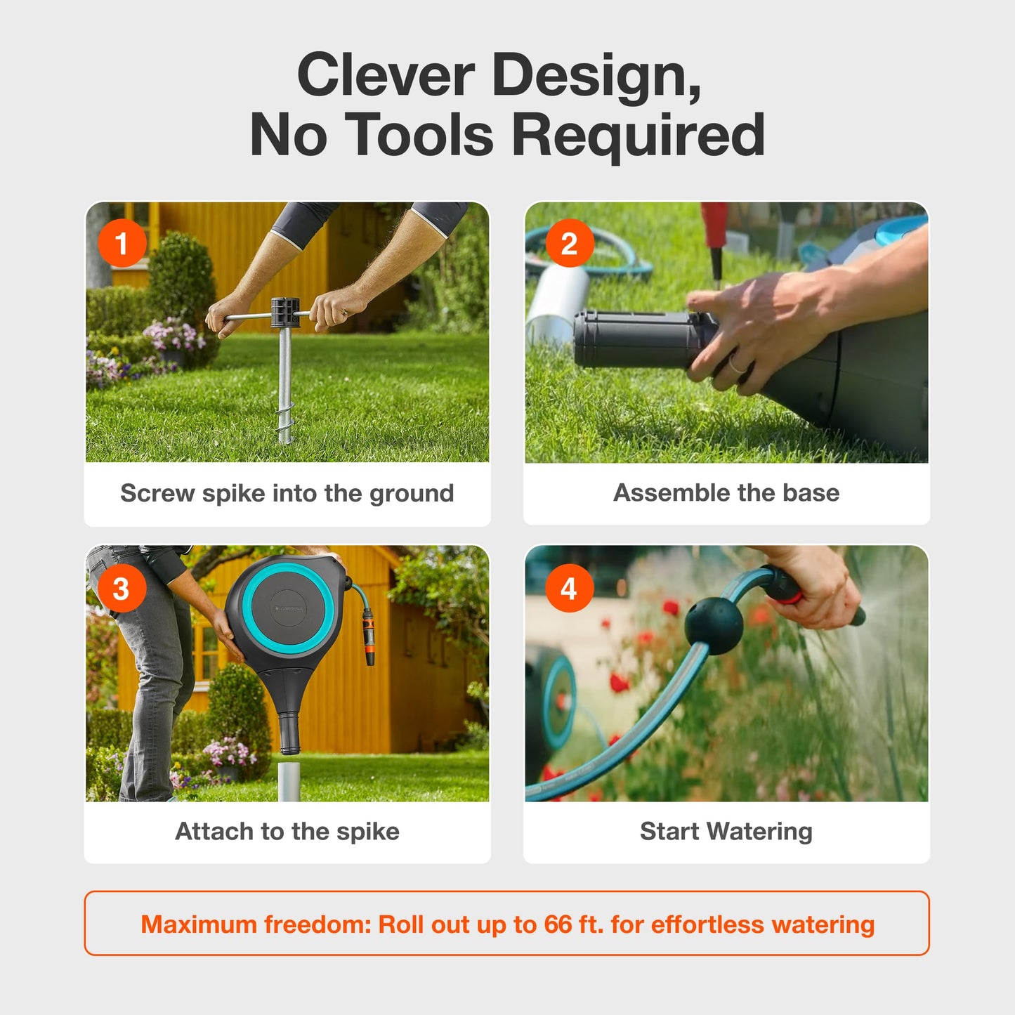 GARDENA 18614 | 66' x 1/2" Automatic Retractable Garden Hose Reel on Metal Spike, Outside Garden Hose with 360° swivel. No Holes in your house, Easy Installation, No Tools Required