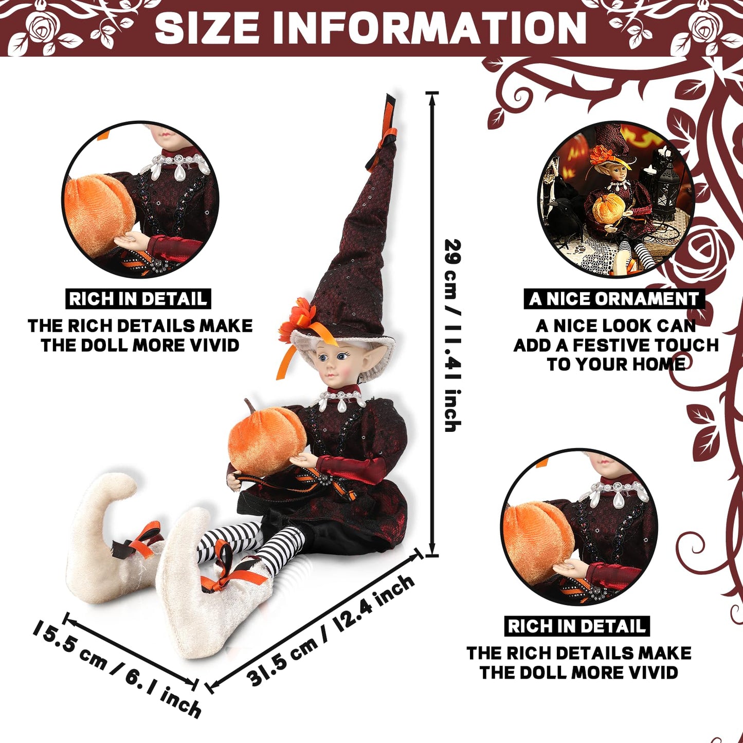 brableewear Halloween Fairy Elf Doll Posable Witch Sitting Doll Cute Elf Girl Holding Pumpkin Figurines Mantel Ornaments Home Decor