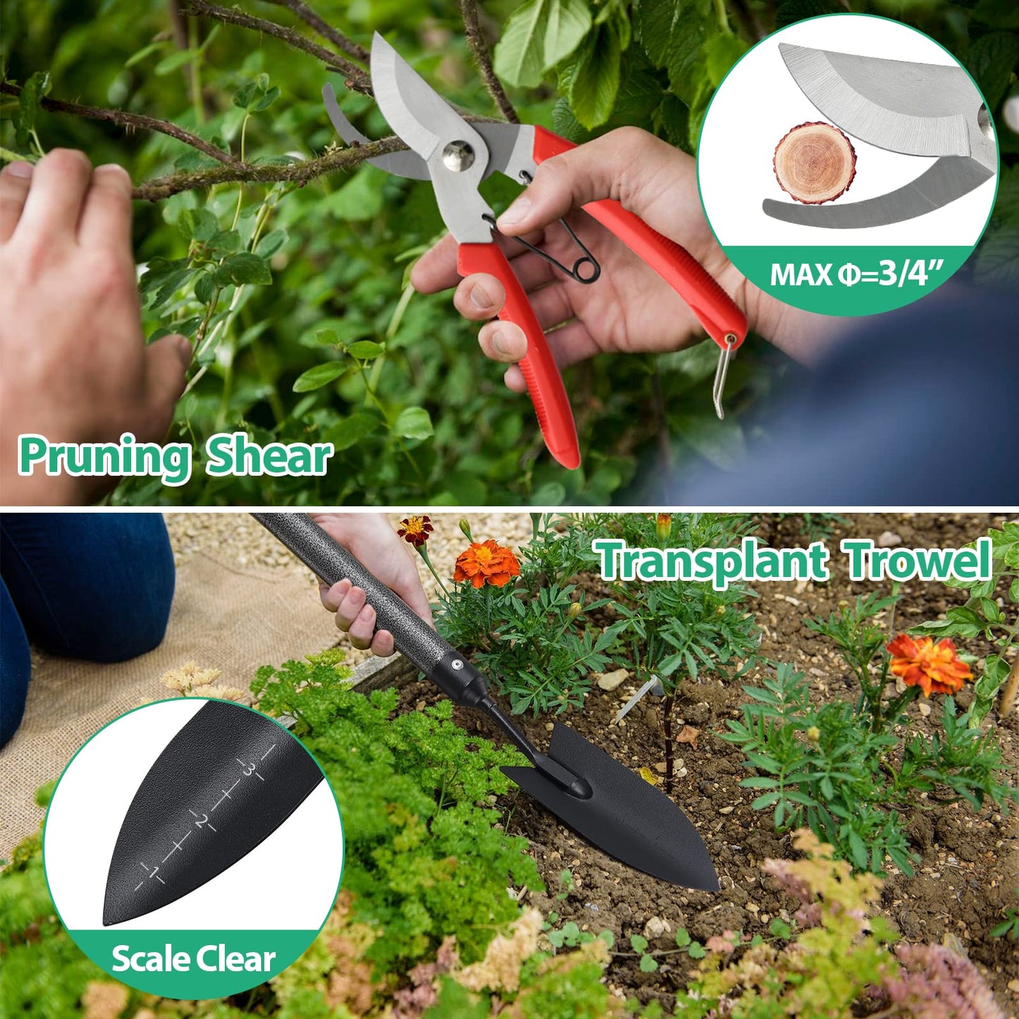 Garden Tool Set, 5-Piece Heavy Duty Gardening Tools Kit with Extendable Handle, Metal Trowel, Cultivator, Weeder, Pruner, Back-Saving Grips for Yard Raised Bed, Rust-Proof, Gift for Women, Men, Kids