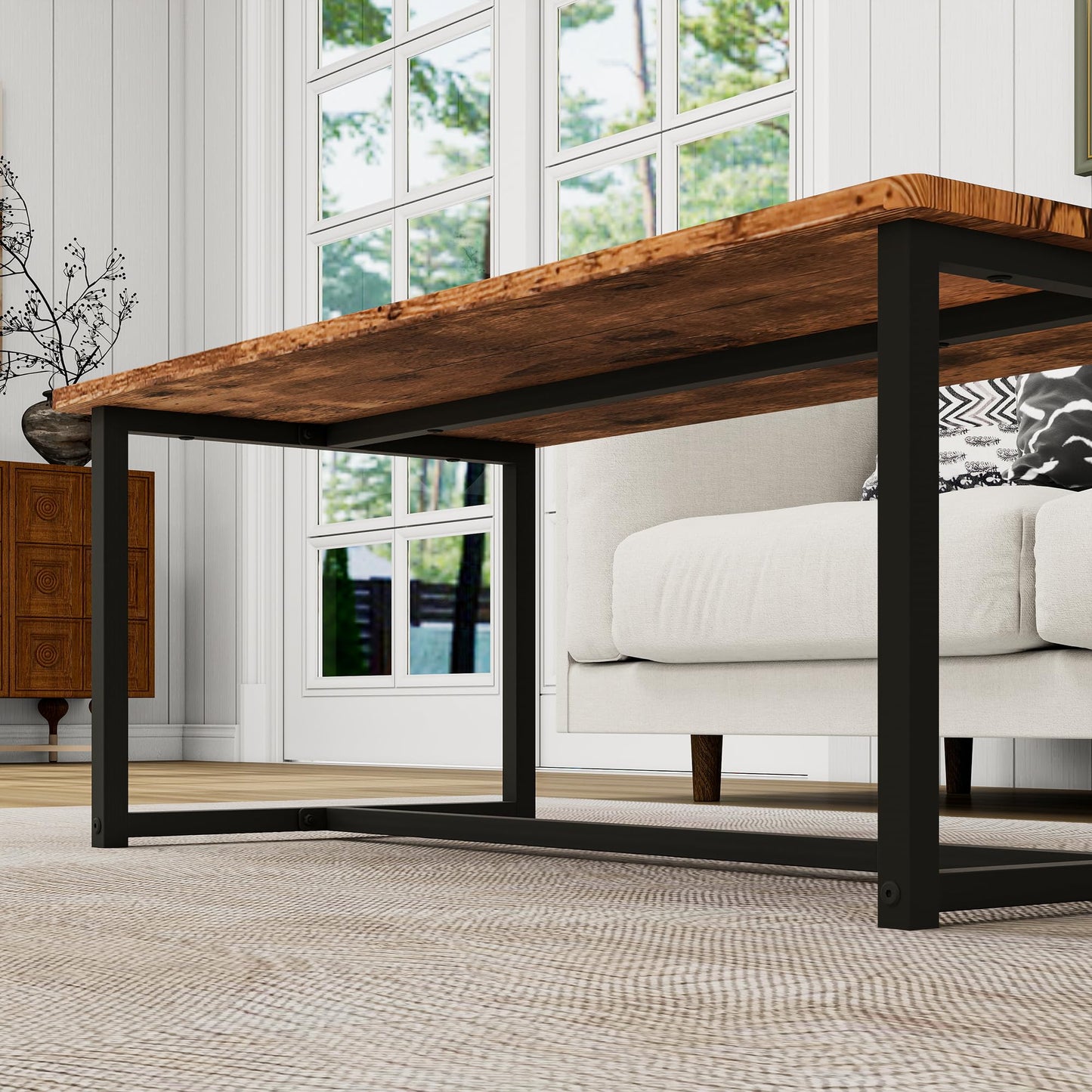 JUISSANO Coffee Table Rectangular Center Table for Living Room Open Space Side Table with Metal Frame, Easy Assembly, Black+ Rustic Brown Wood Coffee Table