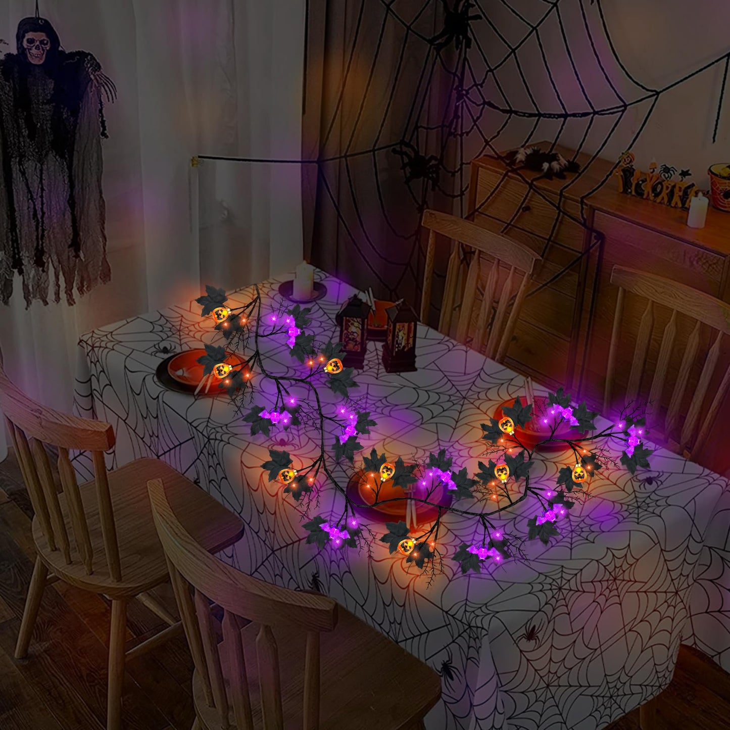 6FT 54 LED Willow Vine Twig Decor Black Halloween Garland with Pumpkin Bat Orange & Purple Light, 8 Modes Waterproof Battery Operated Indoor Halloween Decorations