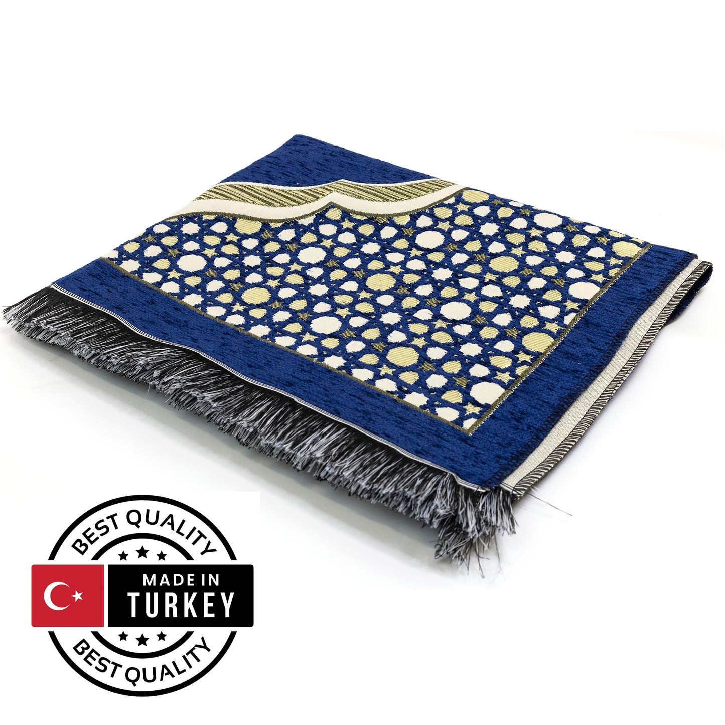 Modefa Turkish Islamic Prayer Mat - Thin Woven Chenille Sajjadah - Intricate Praying Rug Ramadan Eid Gift - Traditional Muslim Janamaz Sajada for Men Women - Geometric Selcuk Star (Royal Blue)