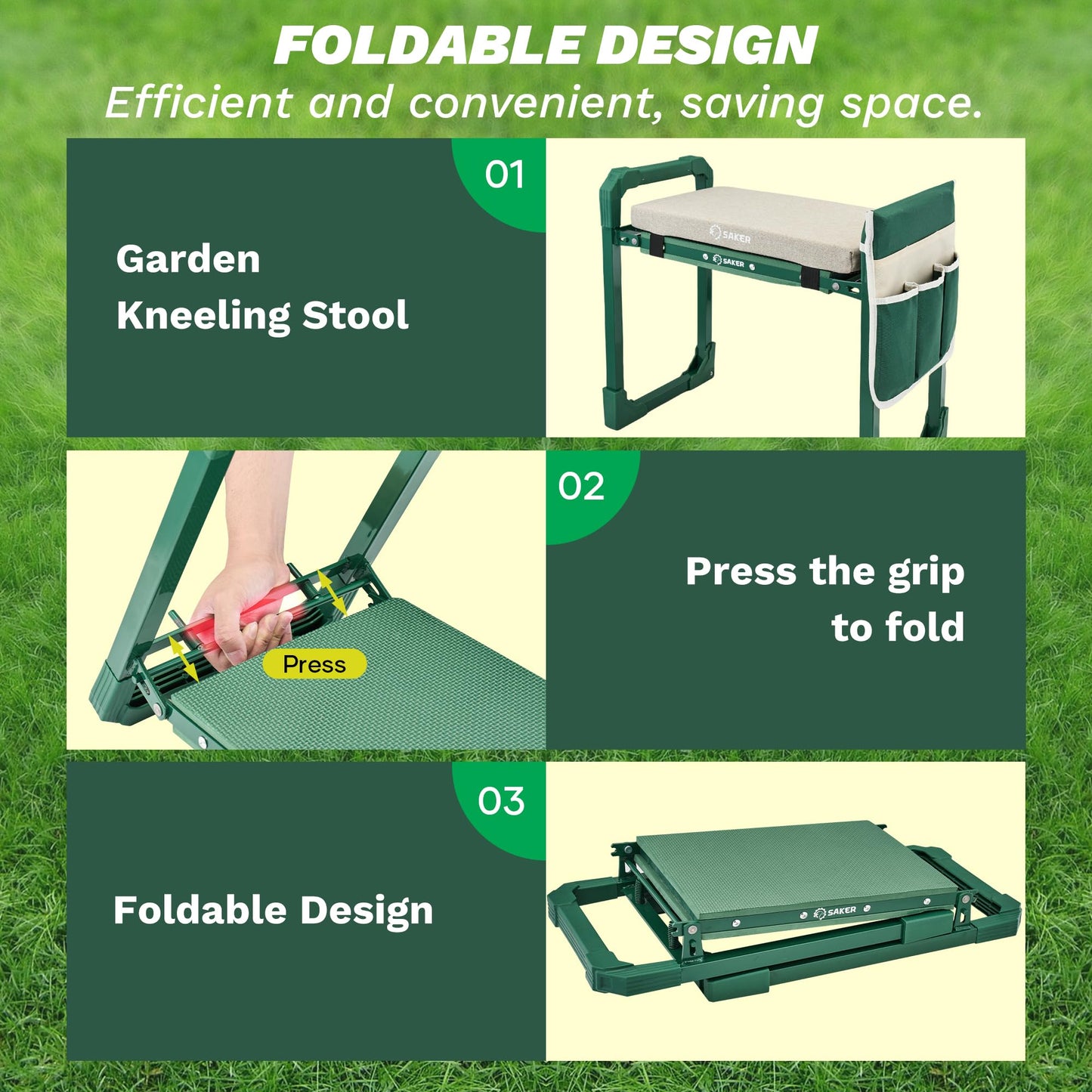 Saker Garden Kneeler and Seat Foldable Gardening Stool with Extendable Legs & Thickened Pad, Tool/Storage Bag, Heavy Duty 500lbs Support for Elderly, Gardening, Outdoor Use