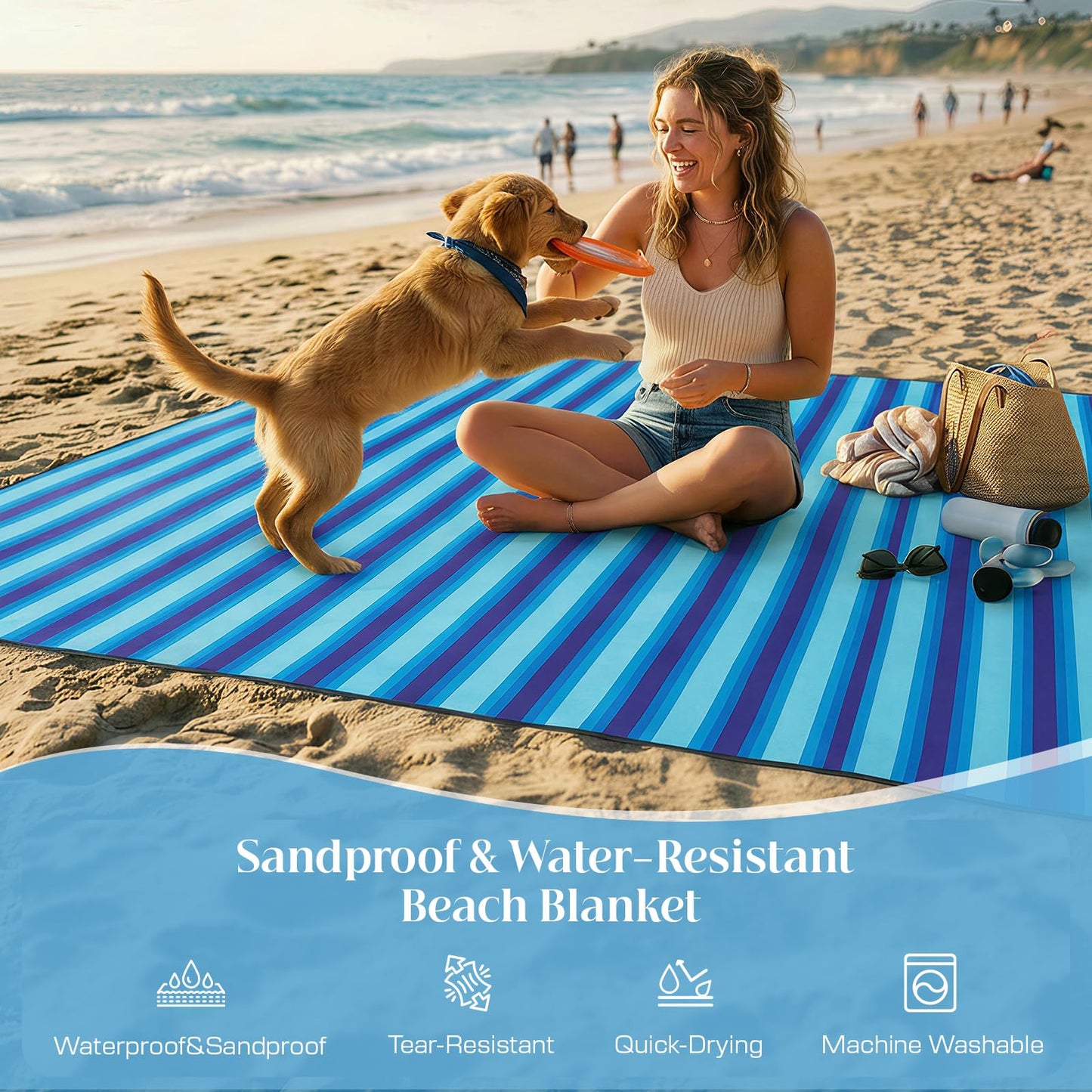 Beach Blanket Sandproof - Oversized Extra Large Waterproof Beach Mat for 3-4 People, Lightweight Sand Free Mat for Summer Vacation with 6 Stakes & 4 Corner Pockets for Beach, Camping 7x7ft Blue Stripe