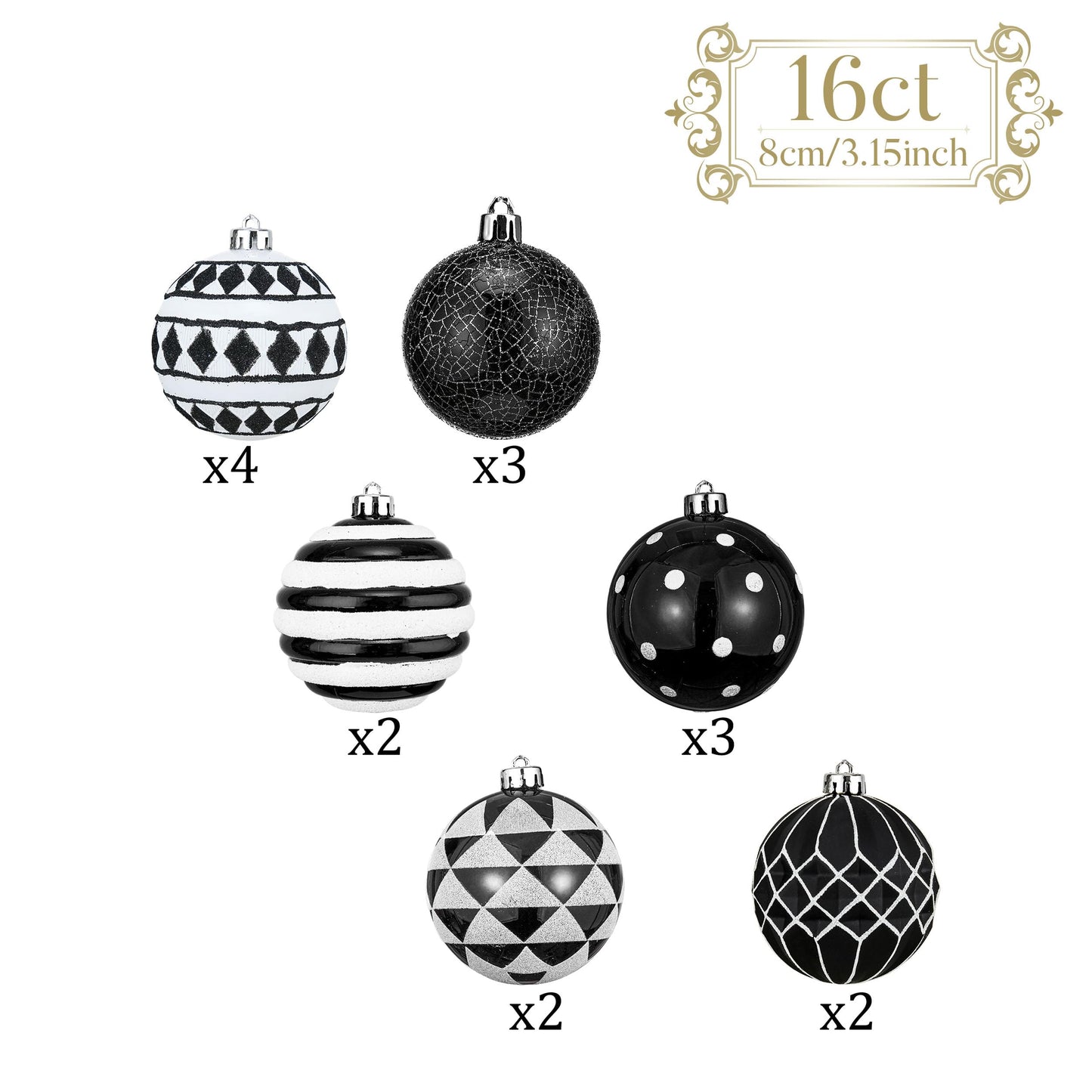 Valery Madelyn Large Christmas Ornaments Tree Decorations, 16ct Black White Boho Shatterproof Christmas Ball Ornaments Set, 3.15 Inch Boho Modern Hanging Ornament Bulk for Xmas Holiday Party Decor
