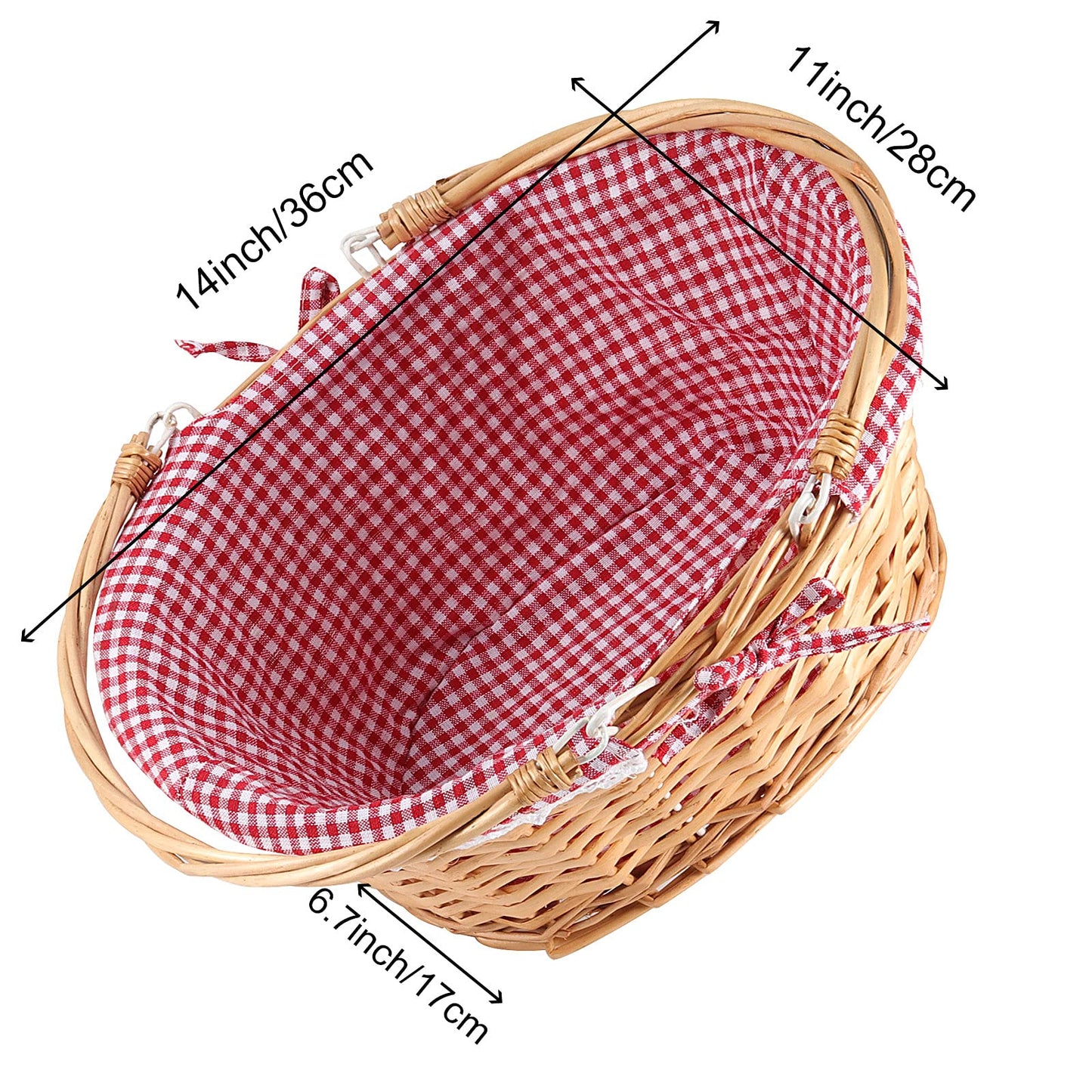 ZEONHEI Wicker Woven Basket with Double Folding Handles, Willow Picnic Hamper with Linen Cloth Lining for Easter Eggs, Candy Storage, Gift Packing, (Red, 14 Inch)