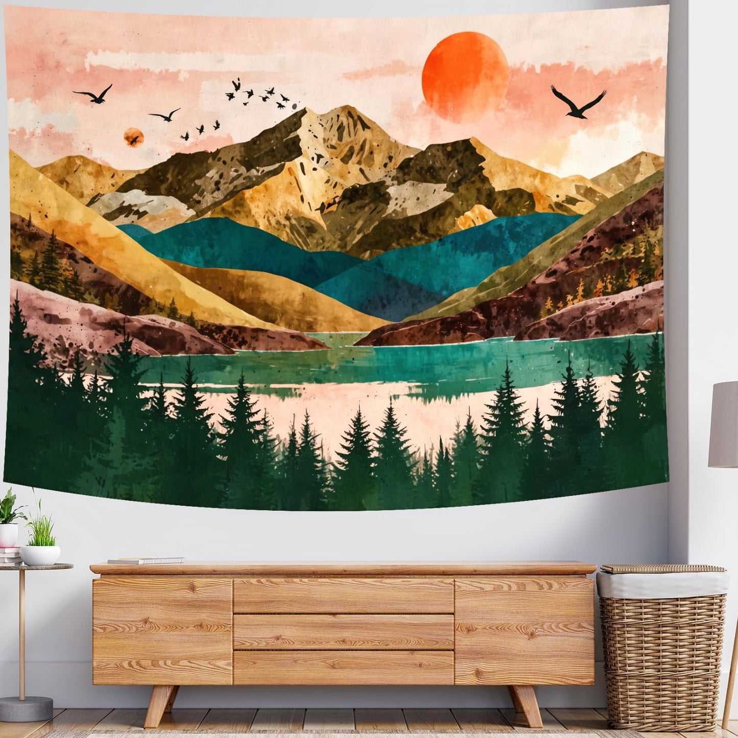 Delur Mountain Tapestry Boho Sunset Nature Forest Tree Tapestry Wall Hanging Sunrise River Lake Landscape Psychedelic Headboard for Bedroom Living Room Home Decor (51.2" x 59.1")