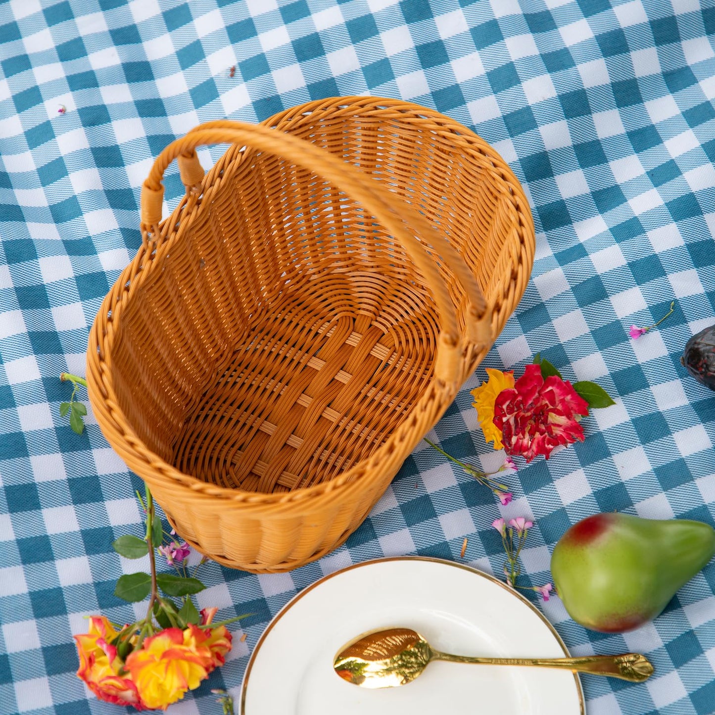 Rattan Picnic Basket with Handle, Garden Harvest Basket, Gathering Storage for Vegetable Fruit, Easter 13" x 9" x5.5" (Rattan, 13"x9"x5.5")