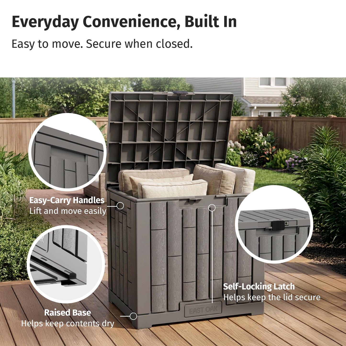 EAST OAK Outdoor Storage Box, 31 Gallon Deck Box Indoor and Outdoor Use, Waterproof Resin Storage Bin for Package Delivery, Patio Cushions, Gardening Tools, Lockable, UV Resistant, Grey