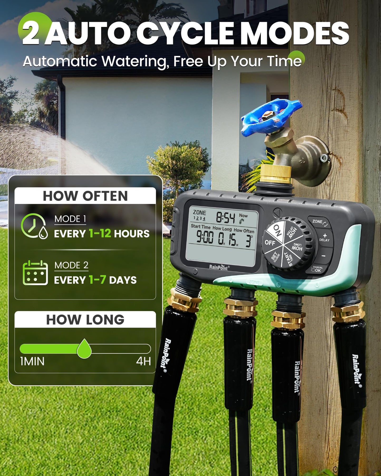 RAINPOINT Sprinkler Timer 4 Zone, Water Timer for Garden Hose, for Soaker Hose with Rain Delay/Manual/Automatic Watering System, Digital Irrigation for Yard, Lawn Brass Inlet